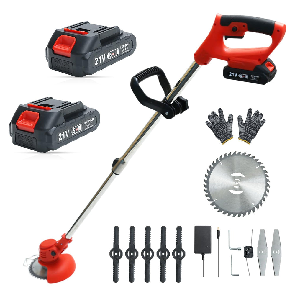 LOFINKU front view of red cordless trimmer showcasing compact design and portability