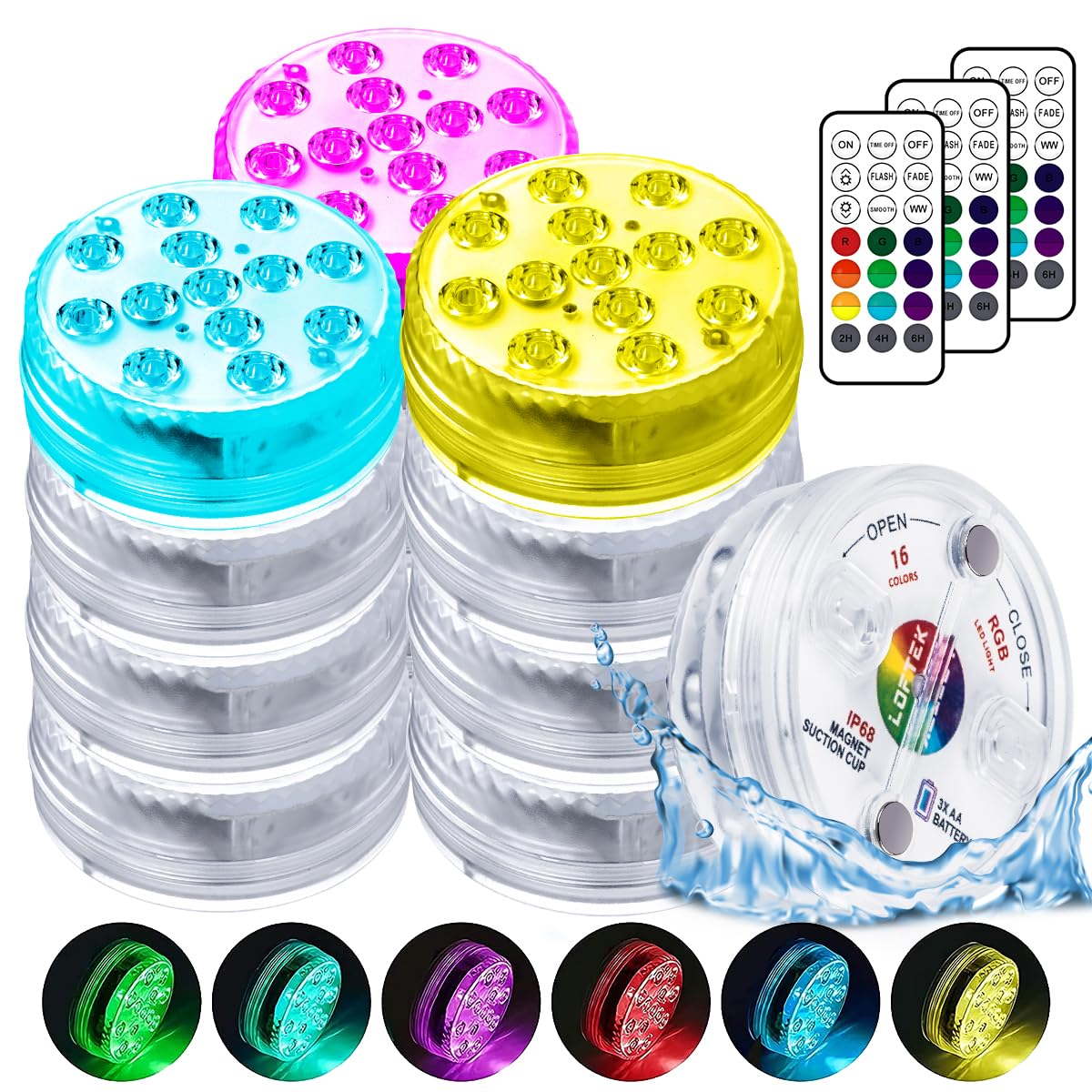 LOFTEK front view of 12-pack submersible lights showing packaging and included accessories for easy setup