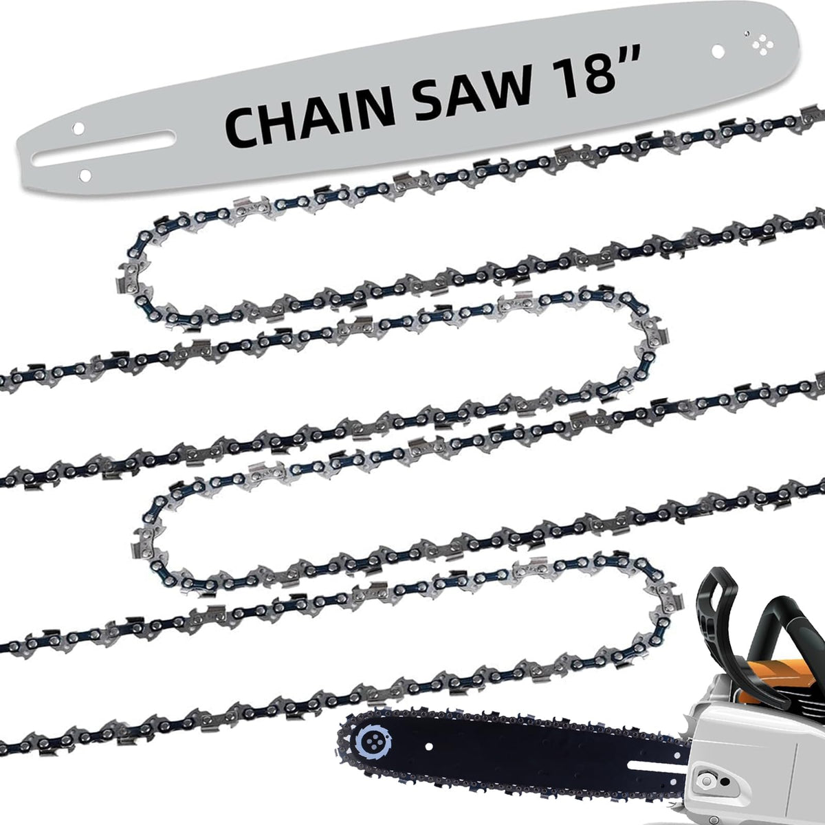 Loggers Art Gens front packaging showing four chains and one 18 inch bar, clear kit contents