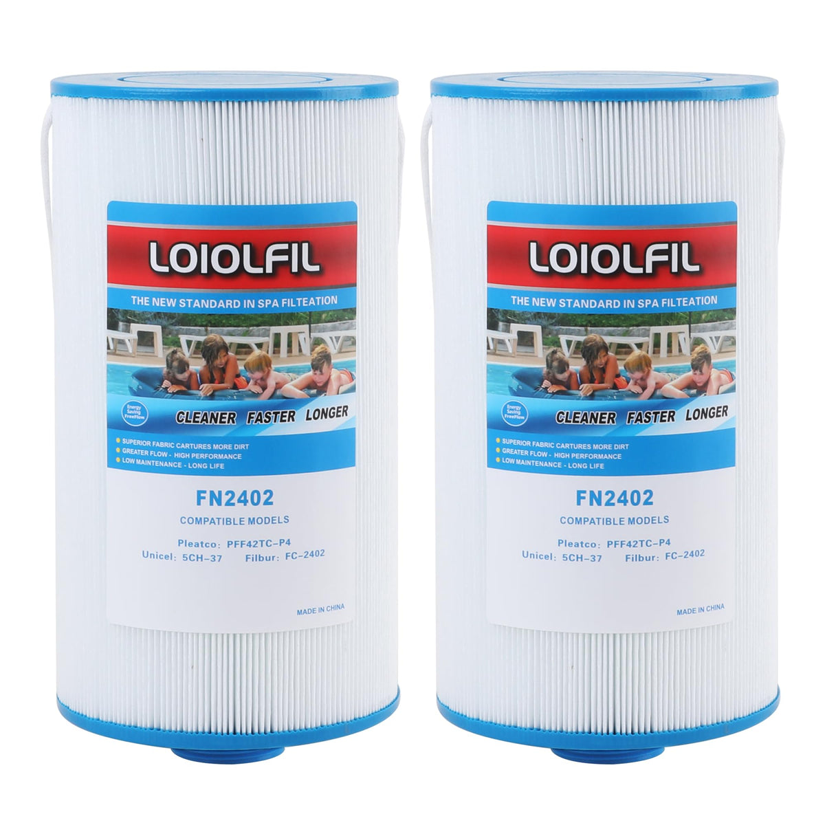LOIOLFIL front view of replacement spa filter showing fit and label — clear replacement option