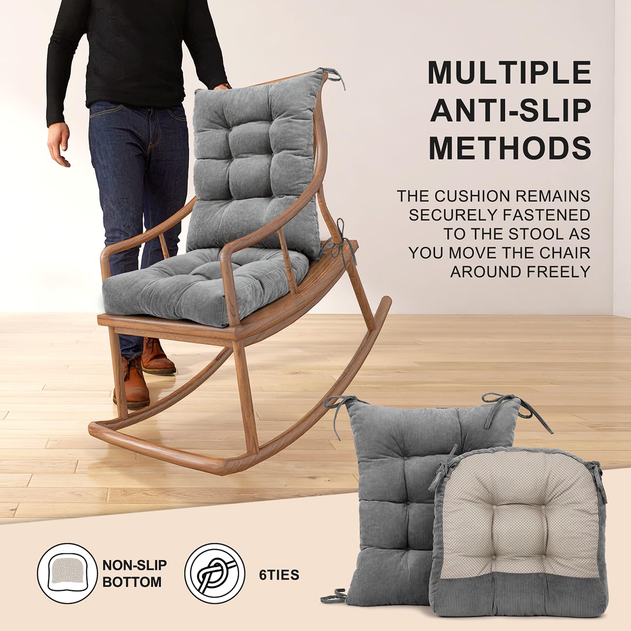 Lifestyle photo of Lokex cushion in a nursery rocking chair, enhancing comfort for parents