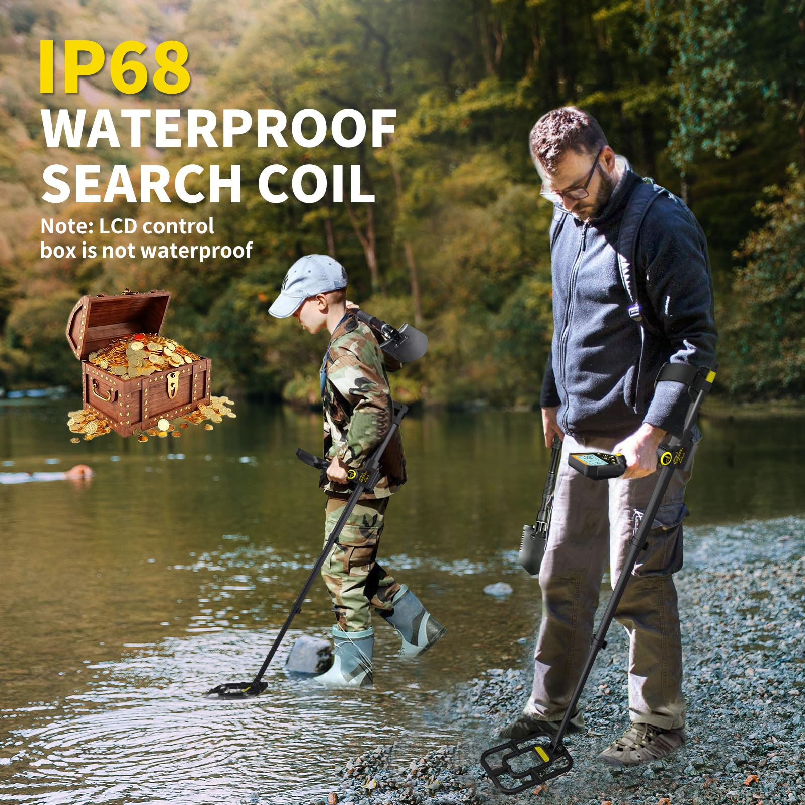 LOLARAN waterproof search coil in shallow sand demonstrating reliable wet-condition use