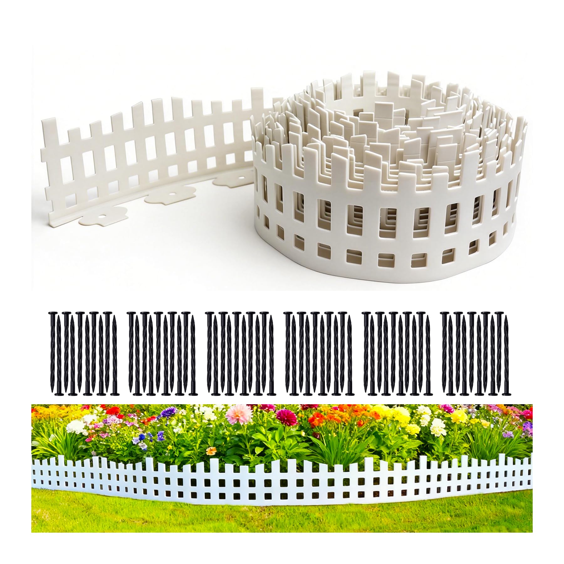 LOLEDE front packaging showing 33ft white picket edging and contents