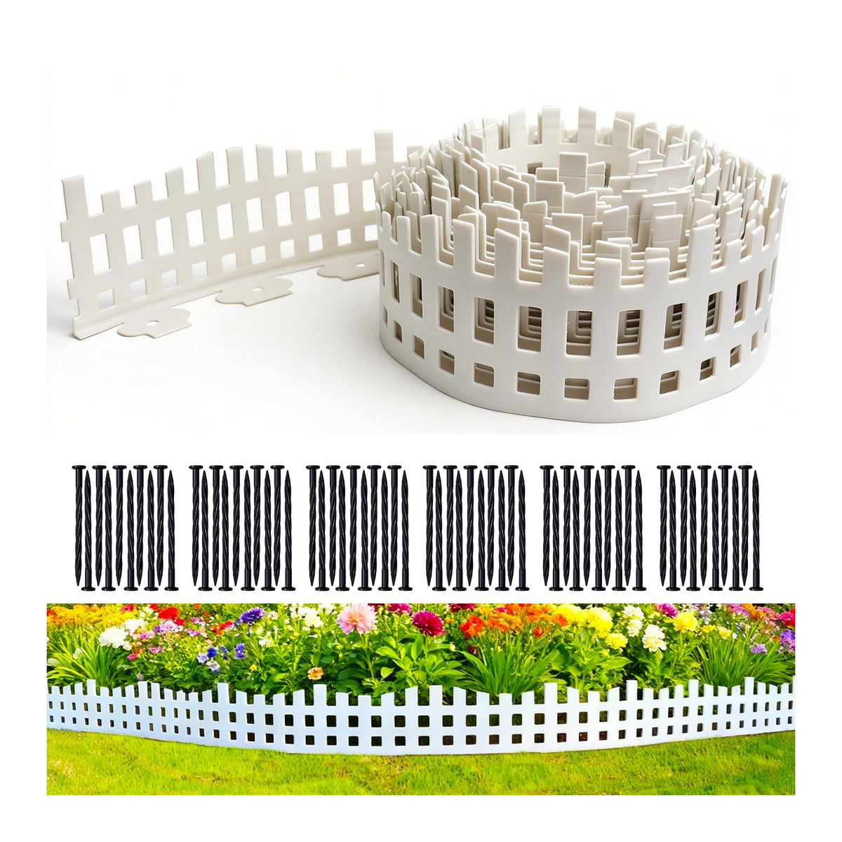 LOLEDE front packaging showing 33ft white picket edging and contents