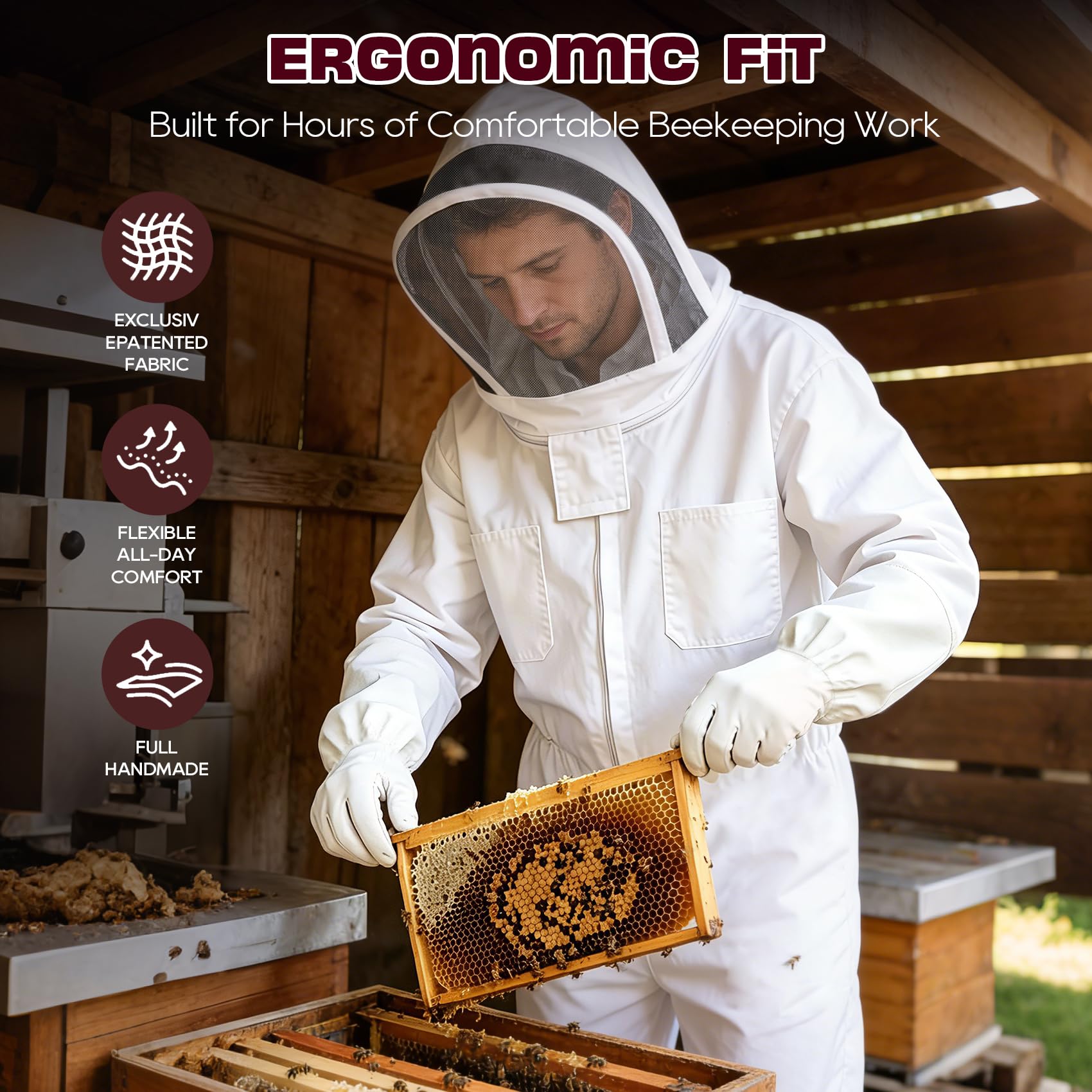 LONGADS beekeeper inspecting hive while wearing suit for secure handling