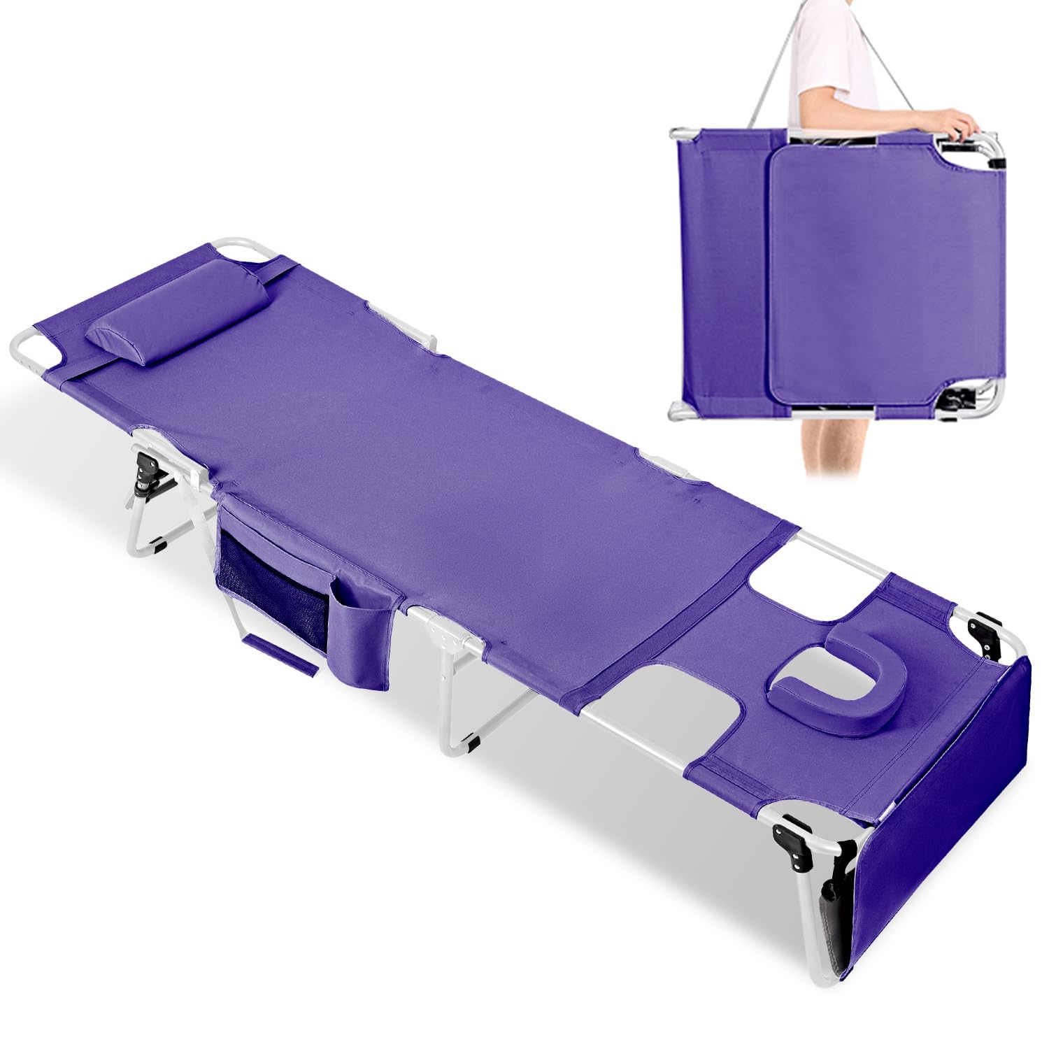 LONGTENW front view of purple tanning chair showing full lounge and face hole benefit comfort