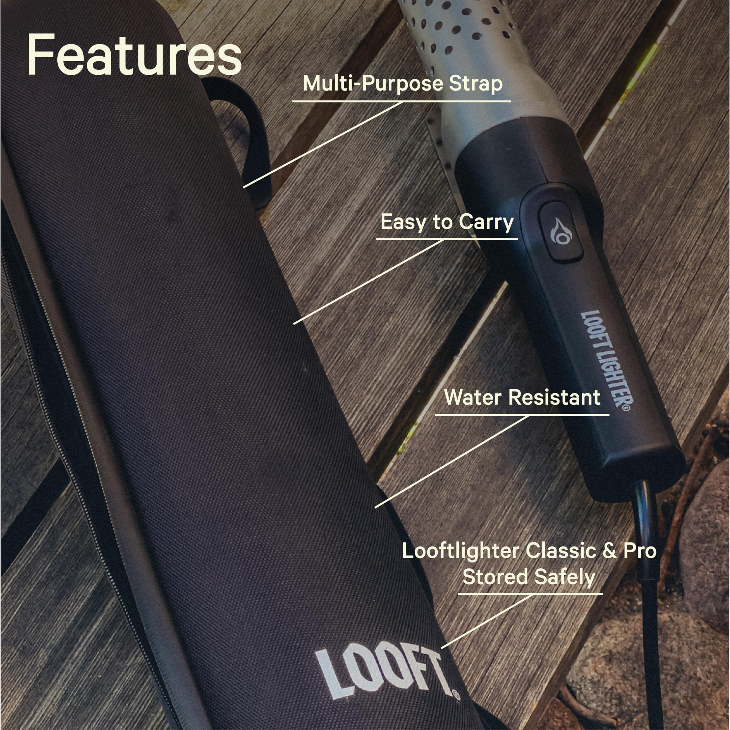 Looftlighter being carried by strap at a backyard BBQ for fast, hands-free access