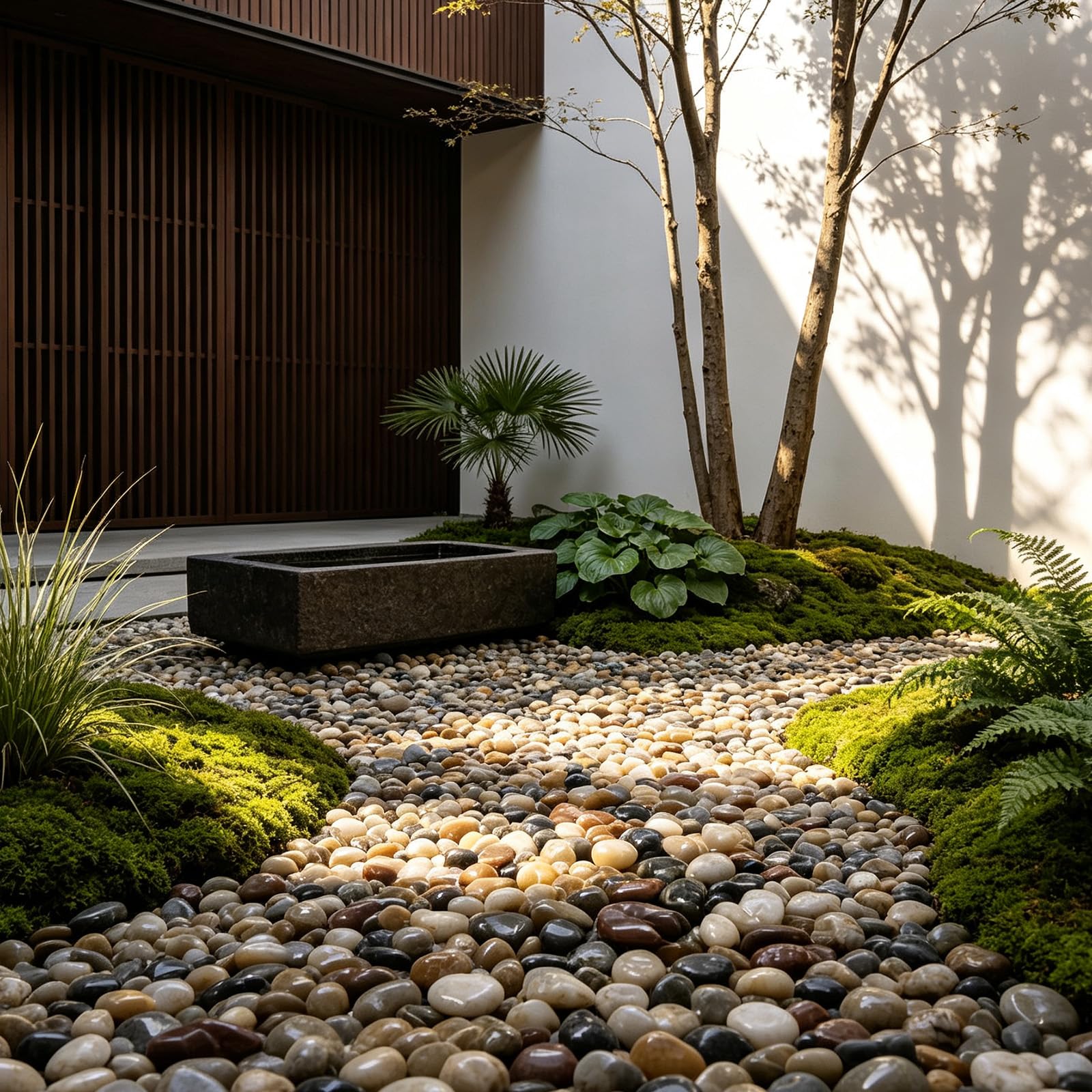 LOOIOOJ river rocks in patio planter creating cohesive outdoor decor and easy upkeep