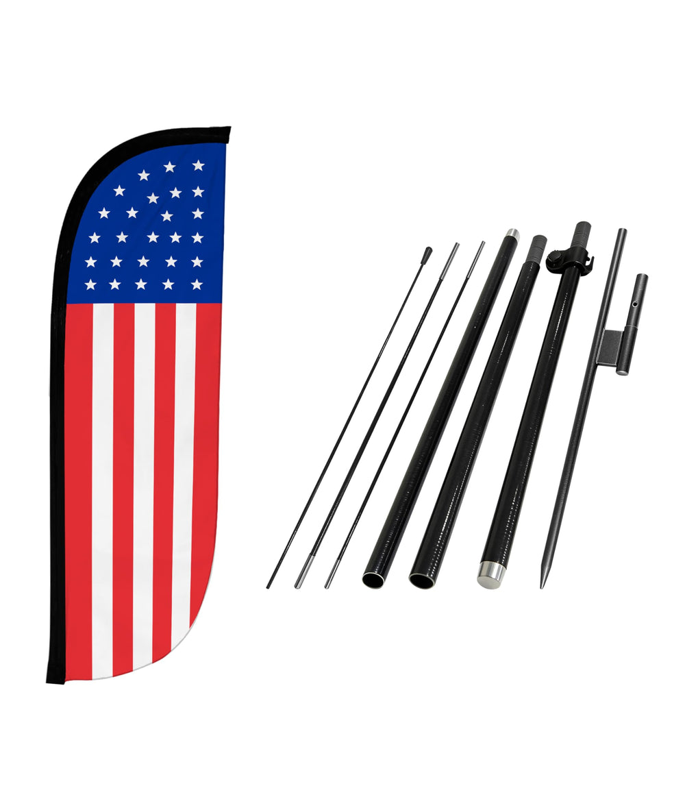 LookOurWay front view of full feather flag and pole showing clear branding and visibility