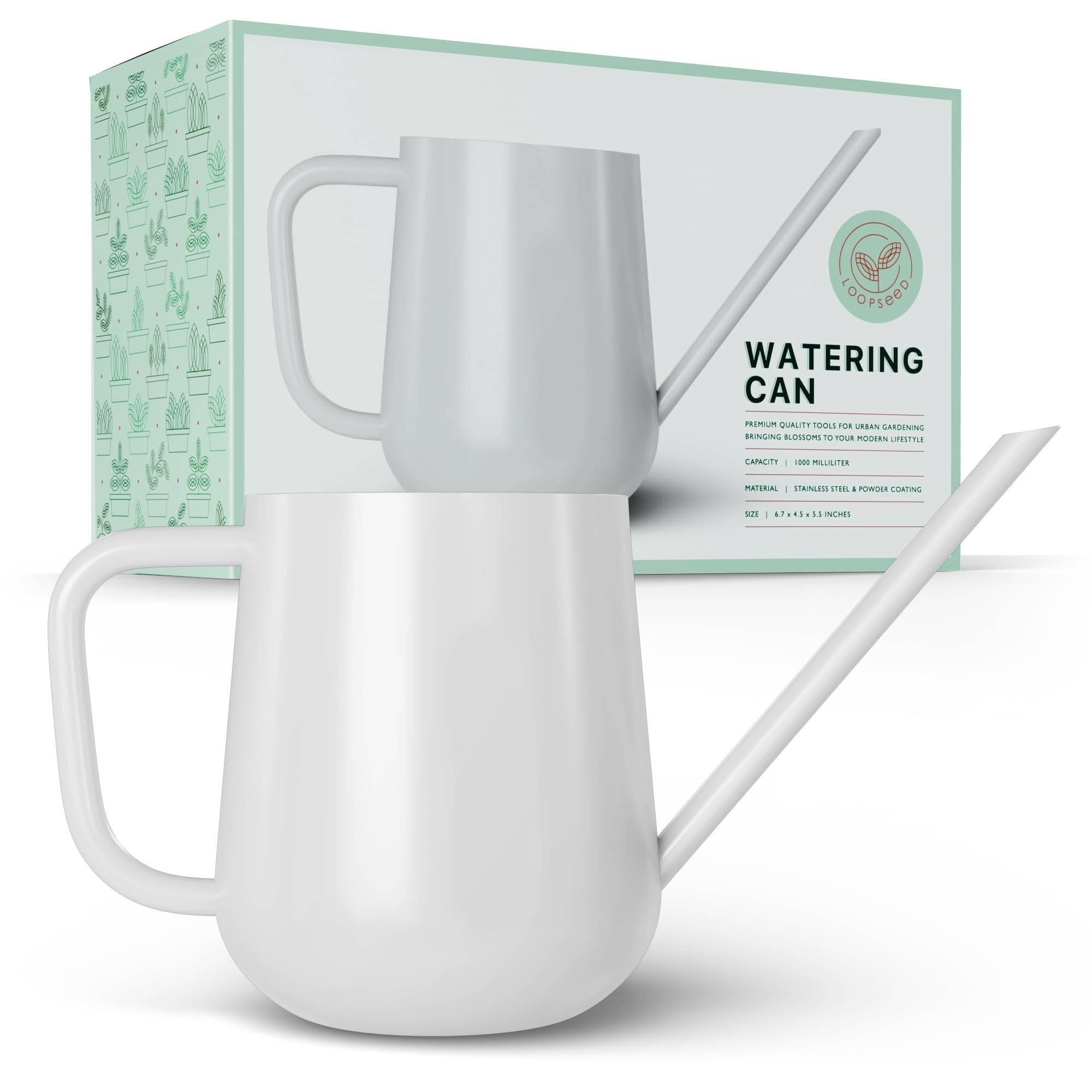 LOOPSEED front view of white metal watering can showing clean minimalist design and durable finish