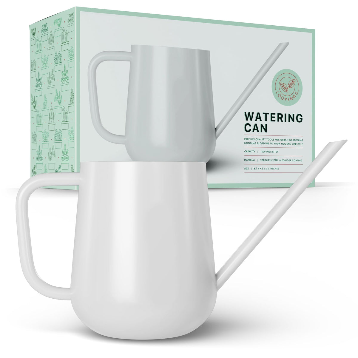 LOOPSEED front view of white metal watering can showing clean minimalist design and durable finish