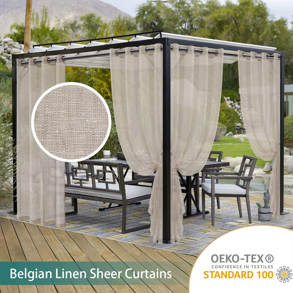 LORDTEX curtains framing an outdoor dining space creating cozy shaded ambiance