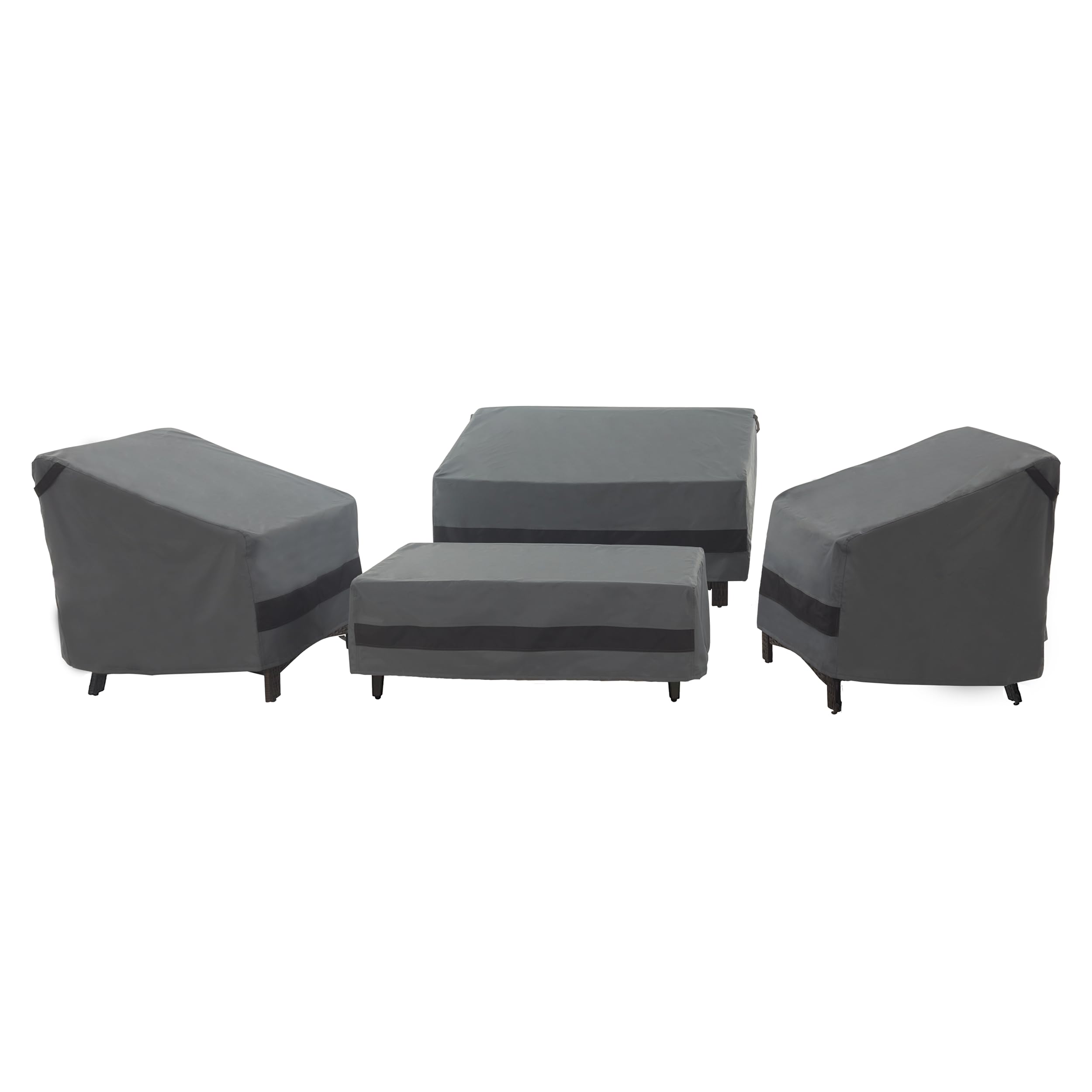 loriano front view of four-piece cover set protecting patio furniture and keeping them dry