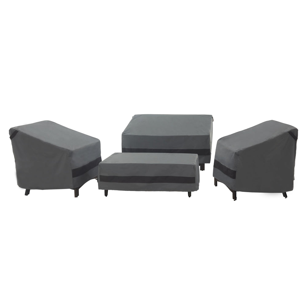 loriano front view of four-piece cover set protecting patio furniture and keeping them dry