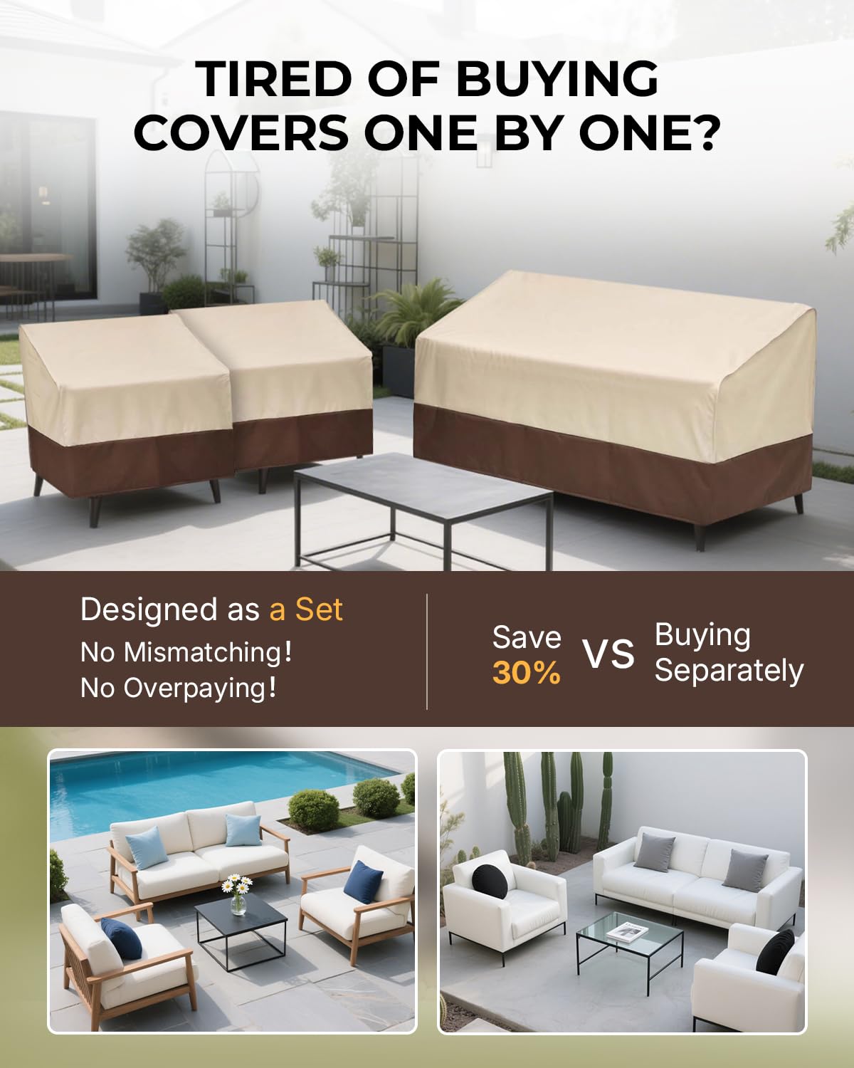 loriano covers on a patio setting demonstrating all-weather protection and neat appearance