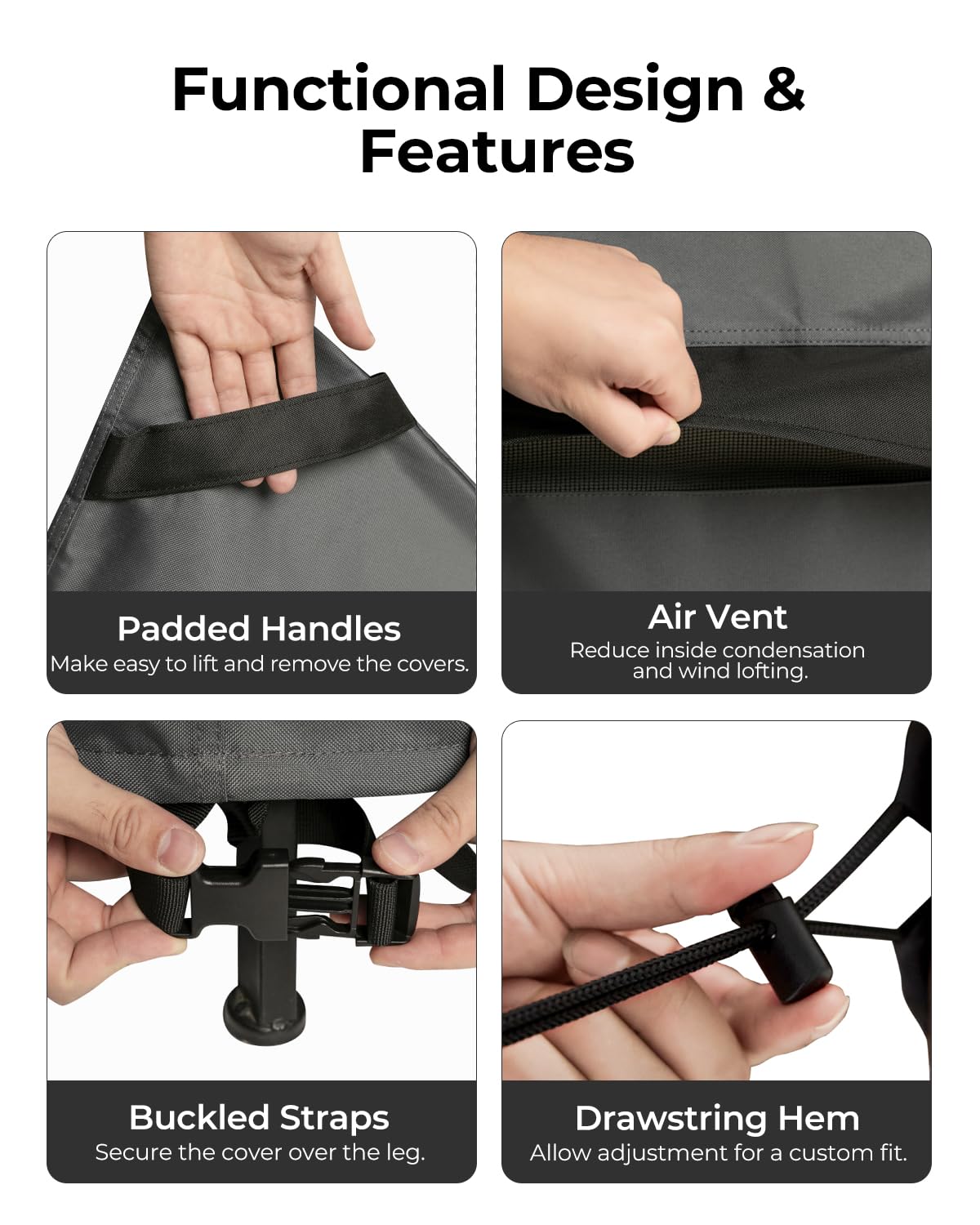 loriano buckled straps and adjustable toggles securing covers on windy days
