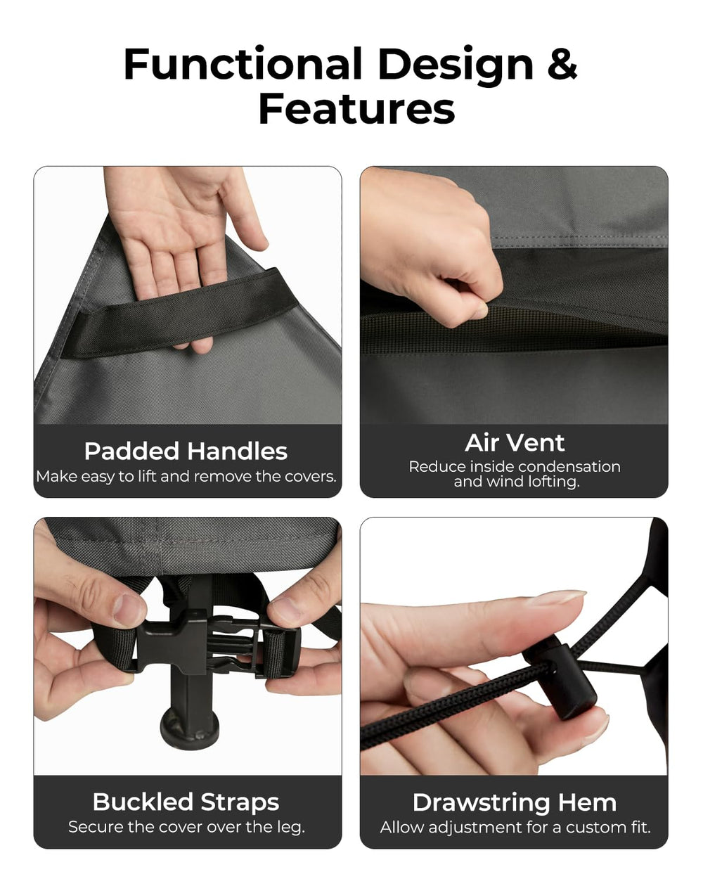 loriano buckled straps and adjustable toggles securing covers on windy days