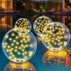 LORRYTE front view of two 15-inch floating pool lights showing warm glow and branding