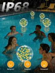 LORRYTE floating pool lights in water at night creating relaxing ambient illumination
