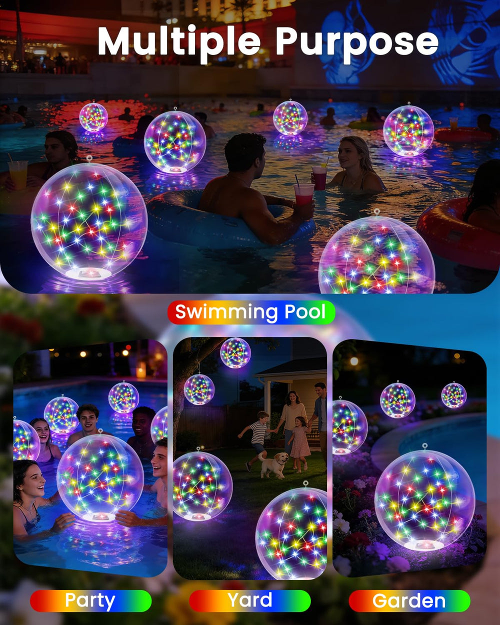 LORRYTE two lights floating at night in a pool showcasing vibrant mood lighting for parties