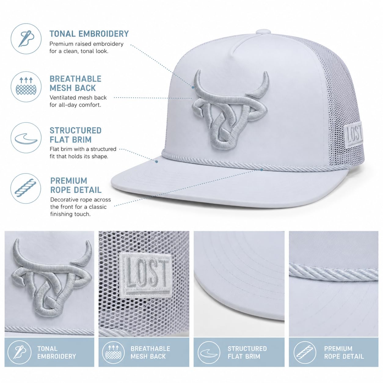 LOST CALF profile shot worn on head demonstrating fit and curved visor
