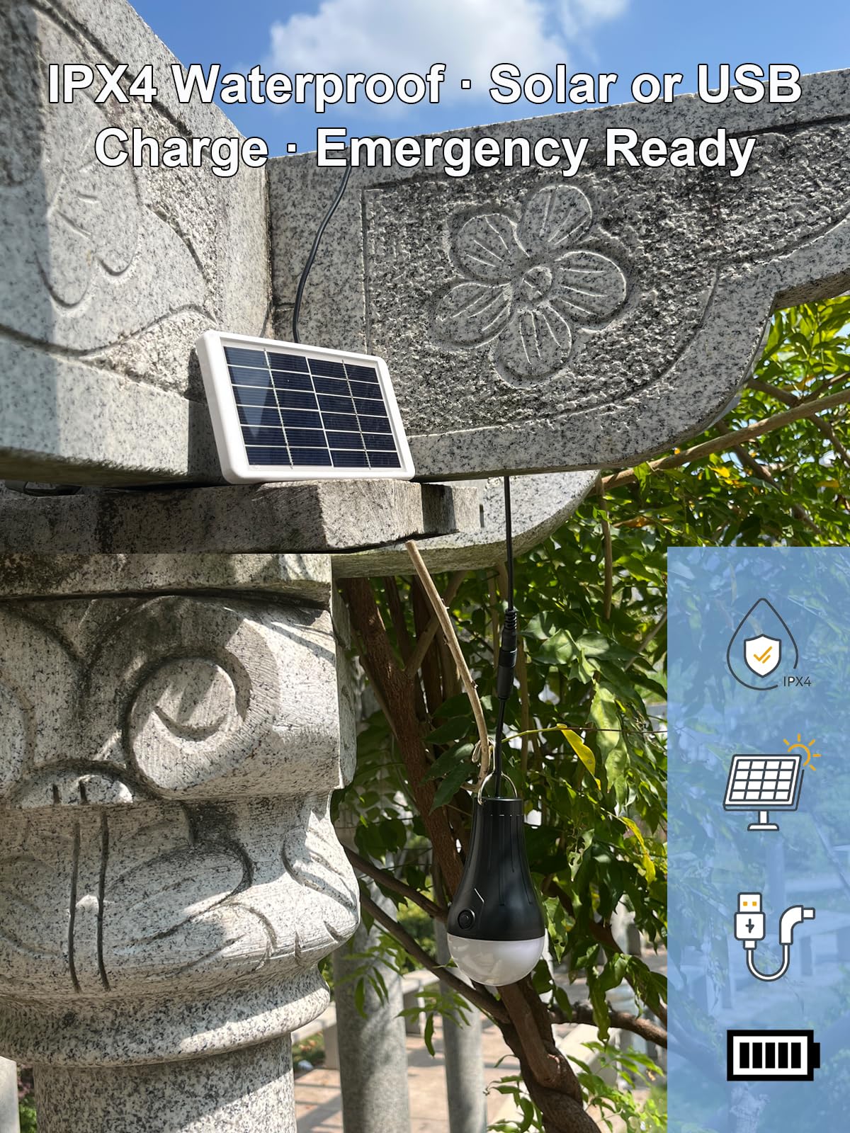 LOTOFIT USB charging port detail highlighting dual solar and USB charging backup