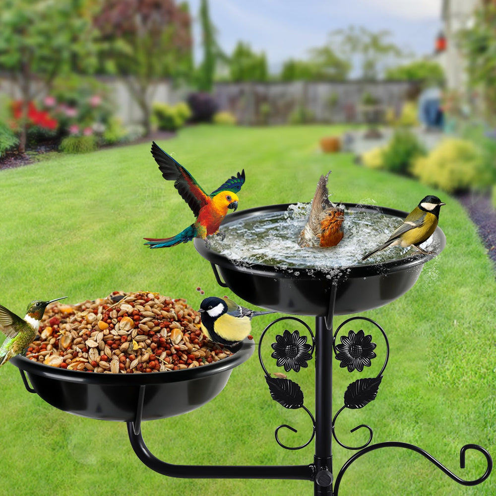 lounginglife bird bath next to garden tools showing scale and size comparison