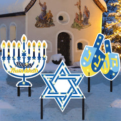 Lounsweer front view of three Happy Hanukkah signs showing festive designs and visibility