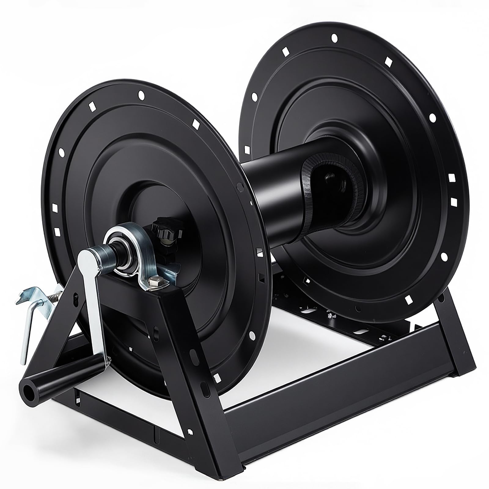 Lounsweer front view of reel showing drum and frame for durable hose storage