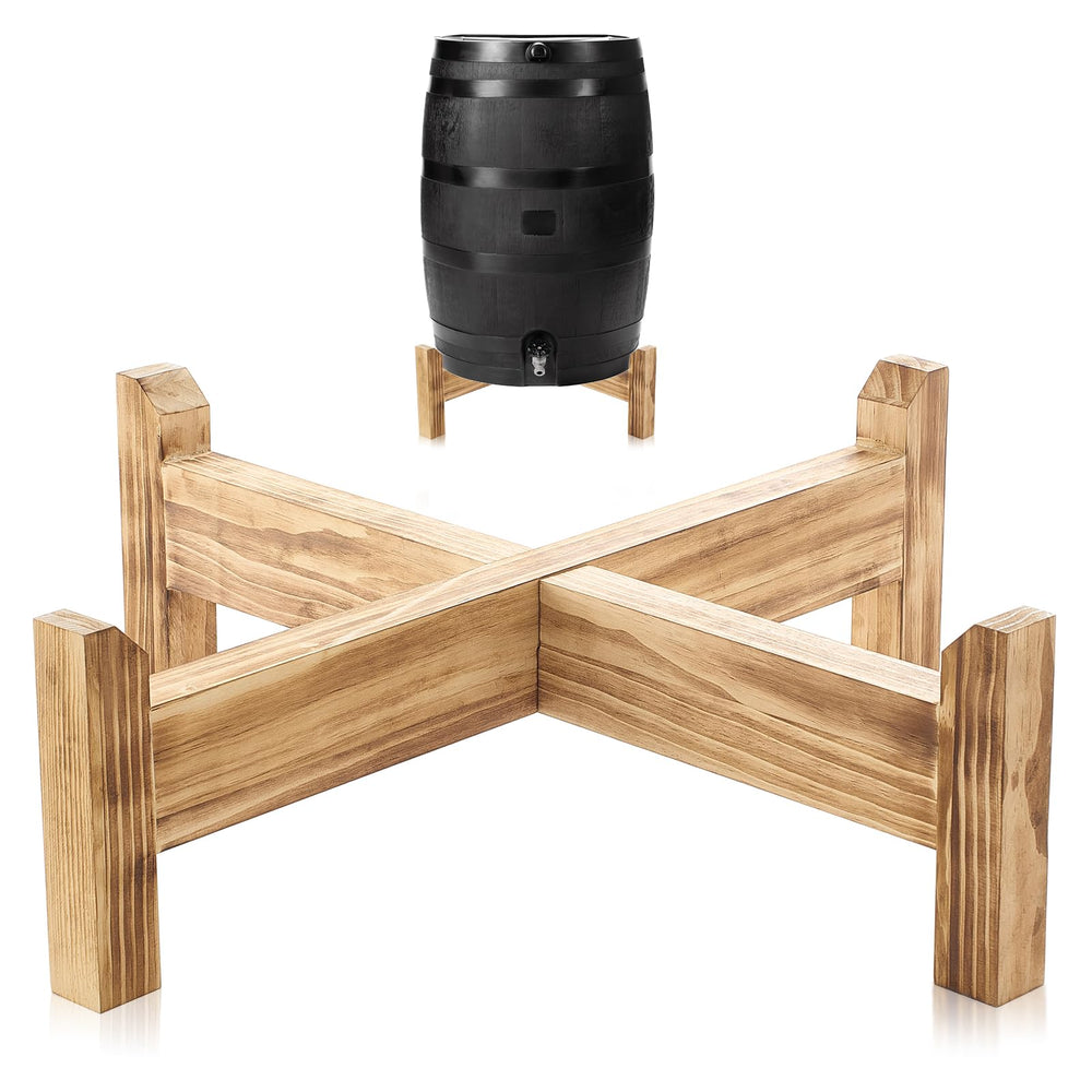Lounsweer front view of wooden rain barrel stand showing stable base and safety