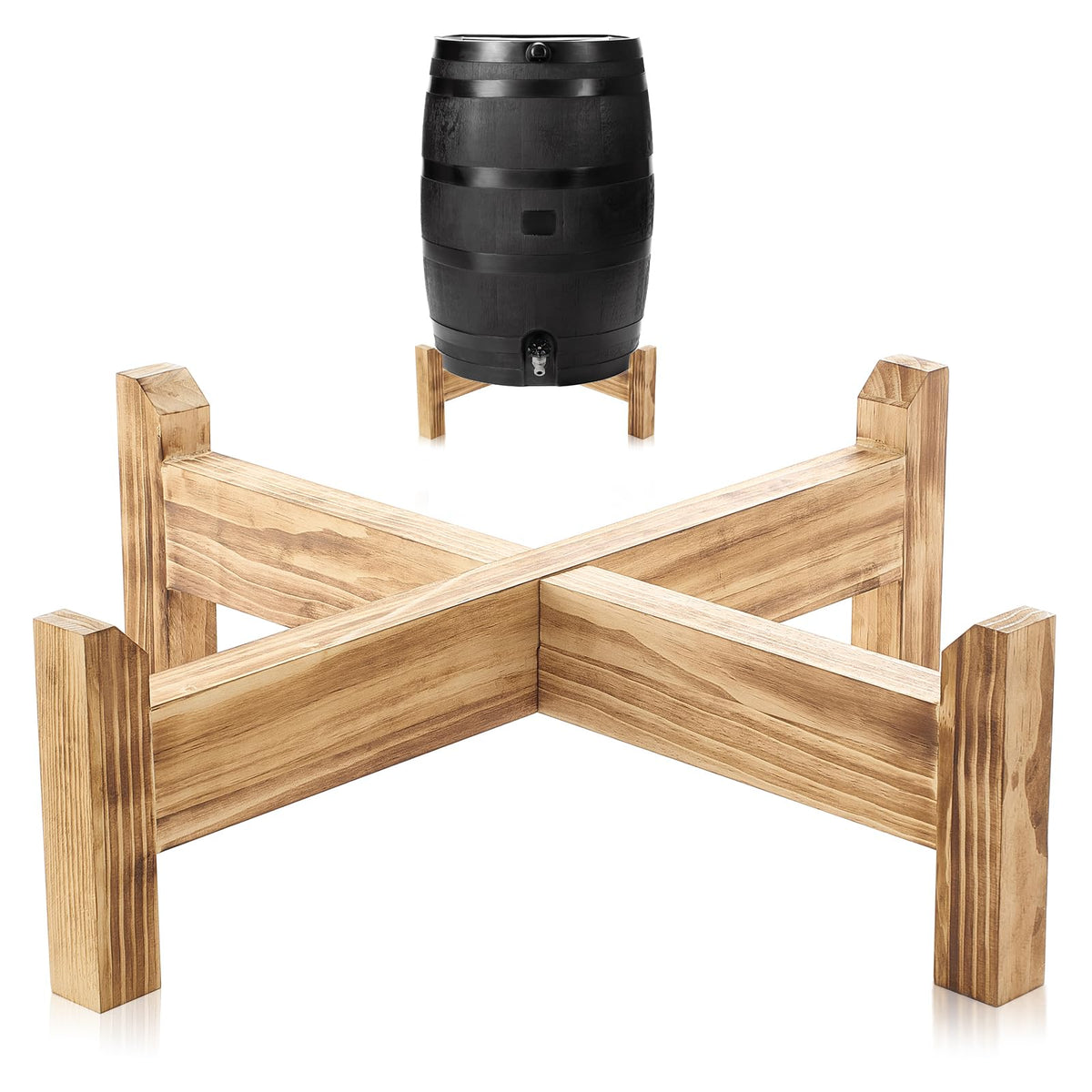 Lounsweer front view of wooden rain barrel stand showing stable base and safety