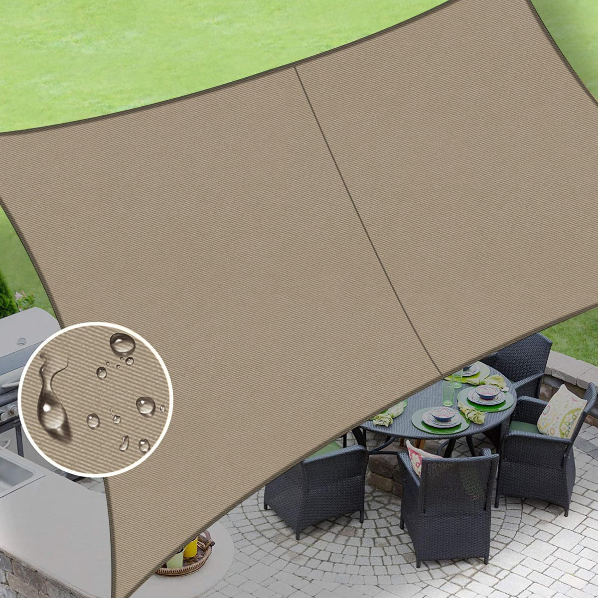 LOVE STORY front view of 10x10 taupe shade sail showing full coverage and clean edge