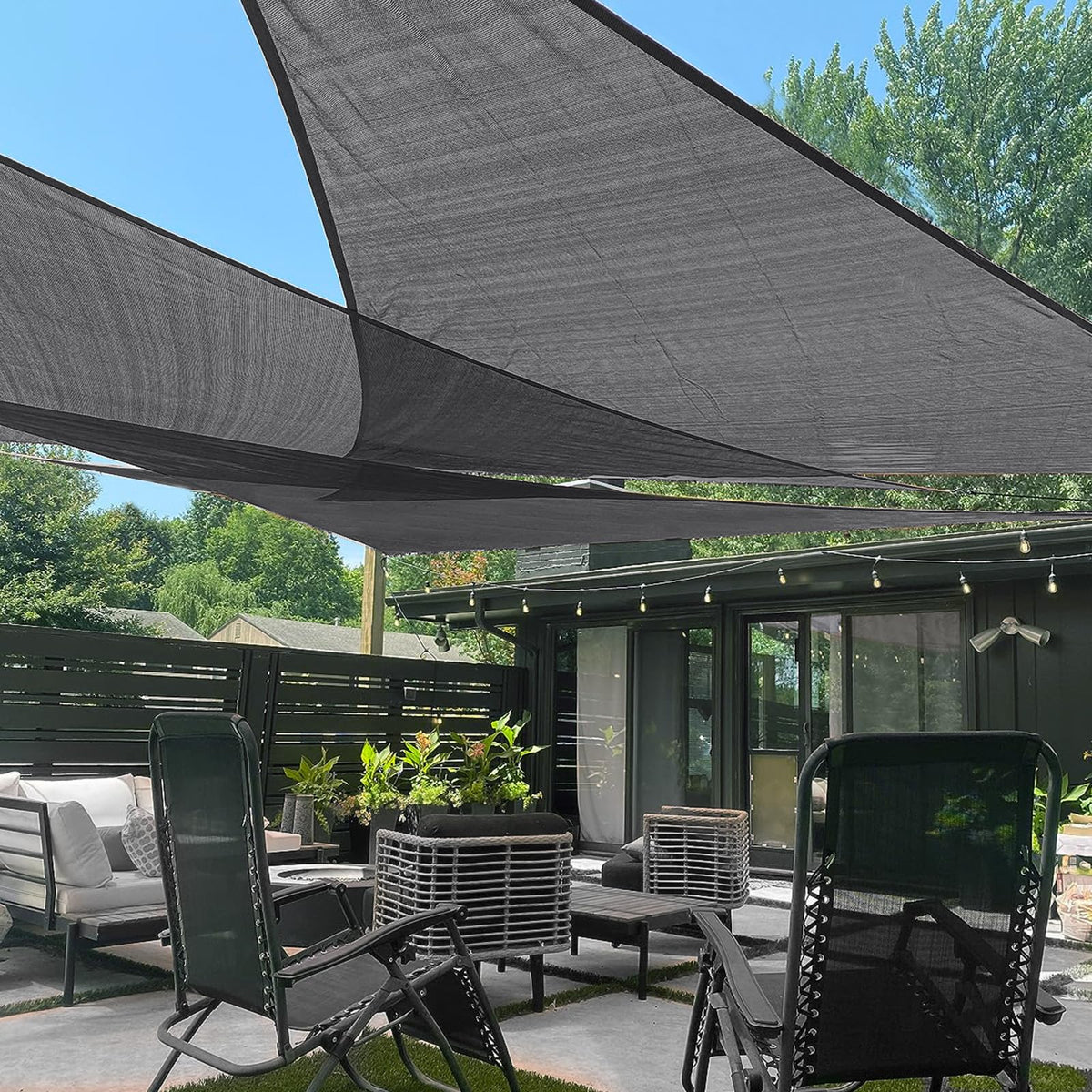 LOVE STORY front view of dark grey triangle sail showing clean coverage and UV reduction