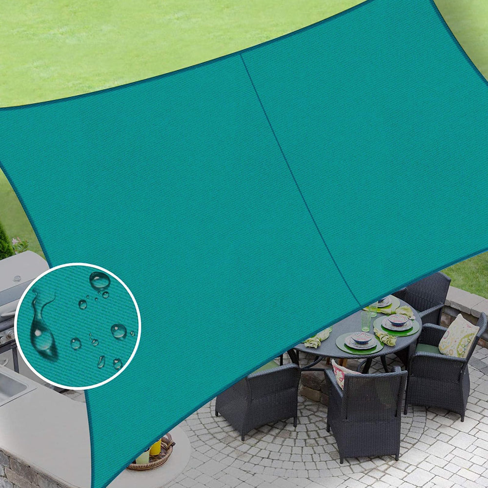 LOVE STORY front view of turquoise 8x10 shade sail showing full canopy and benefit of sun protection