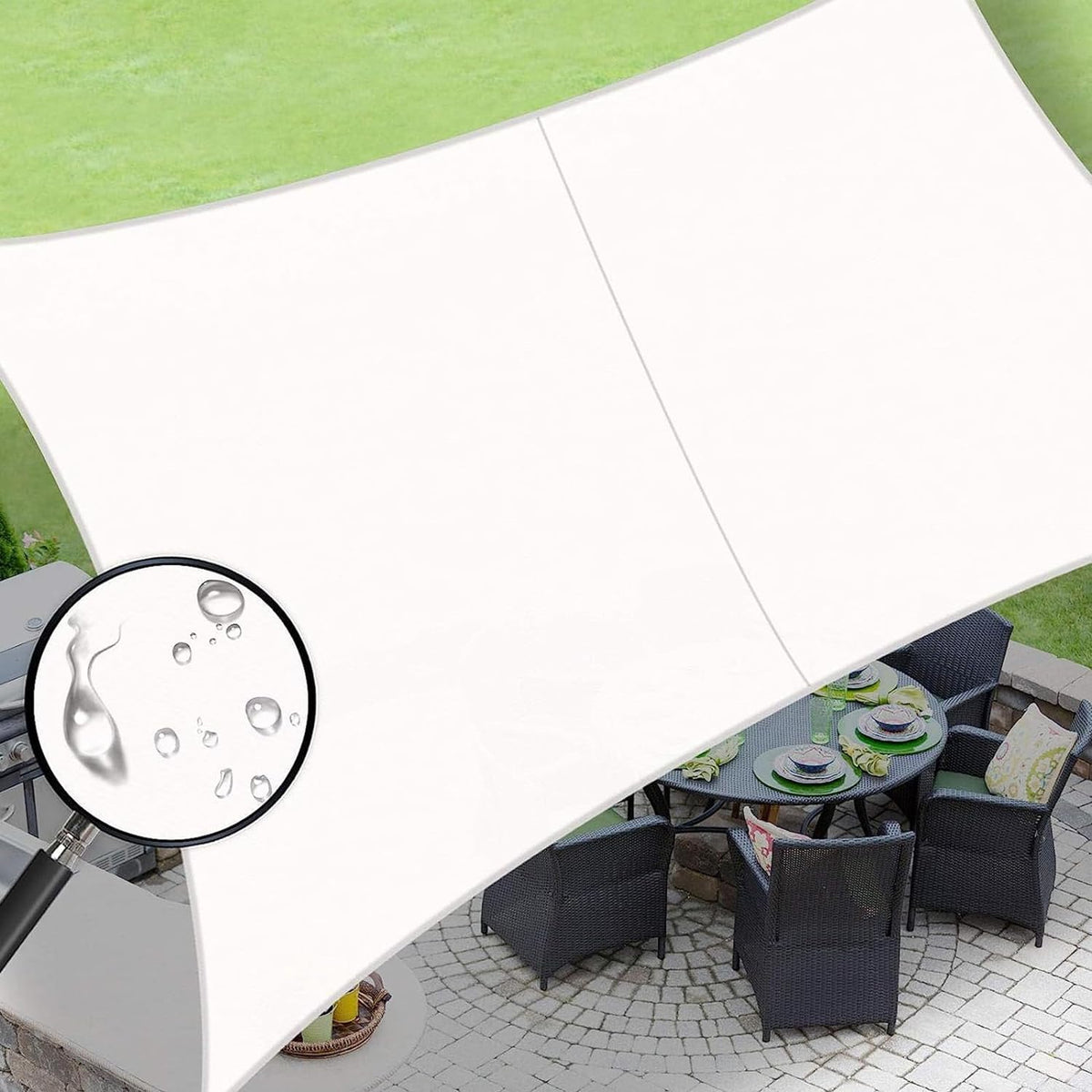 LOVE STORY front view of white shade sail showing coverage and curb appeal