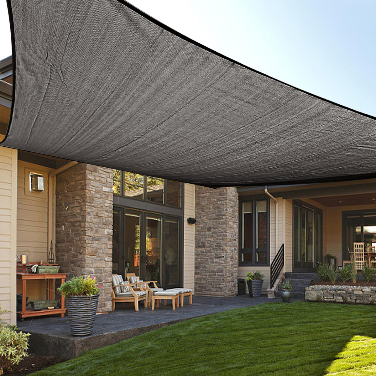 LOVE STORY front view of dark grey 8x12 rectangle shade sail showing clean modern look and sun protection