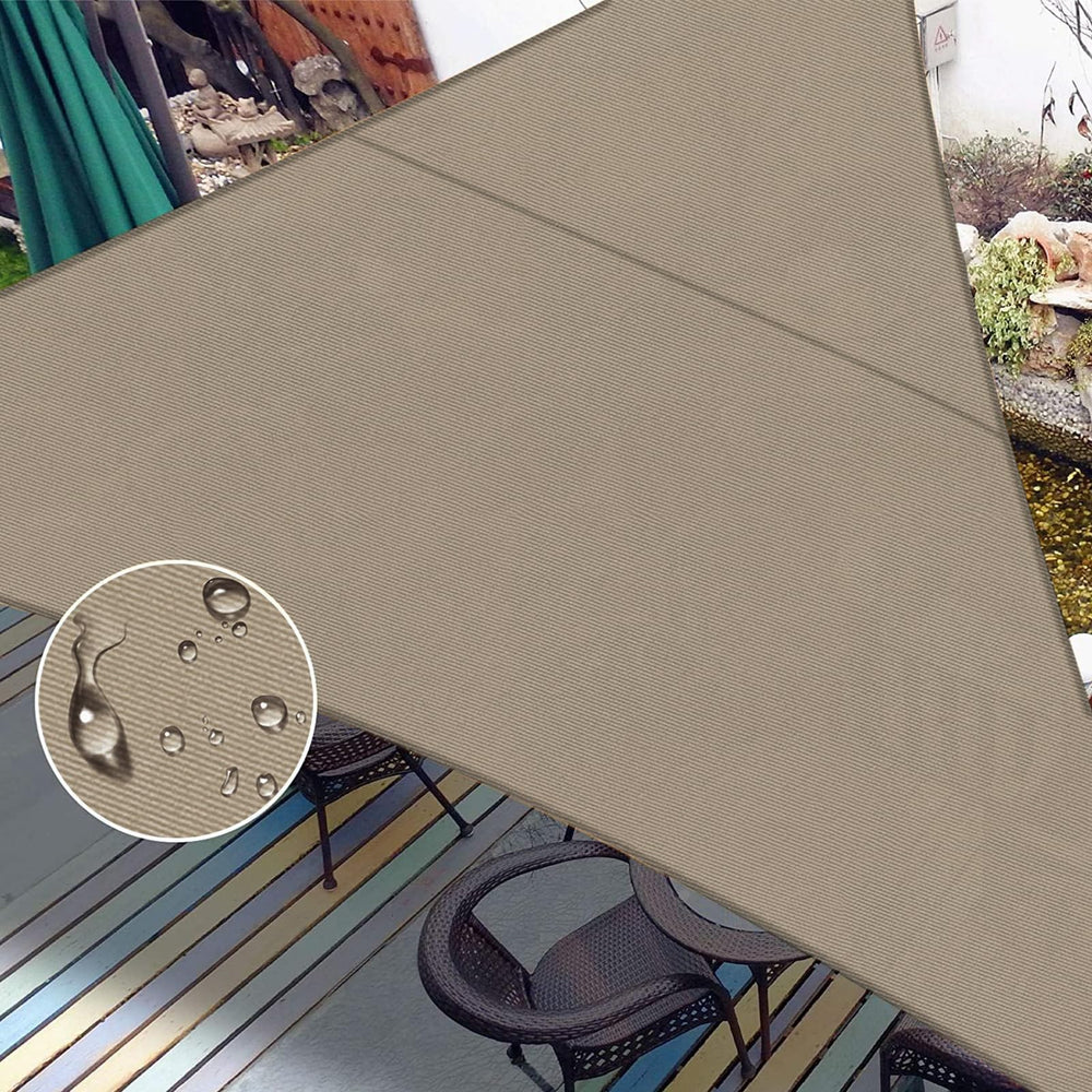 LOVE STORY taupe triangle shade sail front view showing full coverage benefit