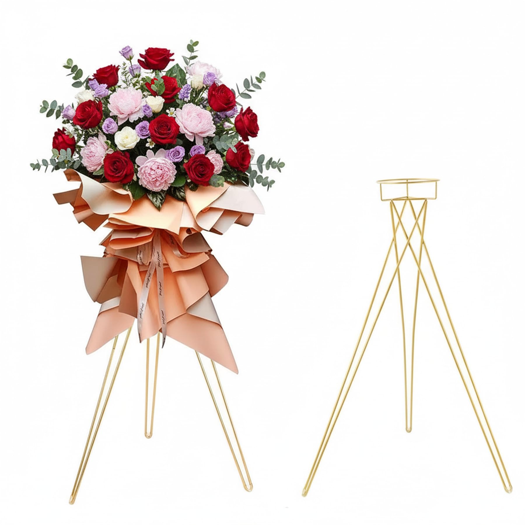 LoveCat front view of gold floral stand showing elegant display and visual impact