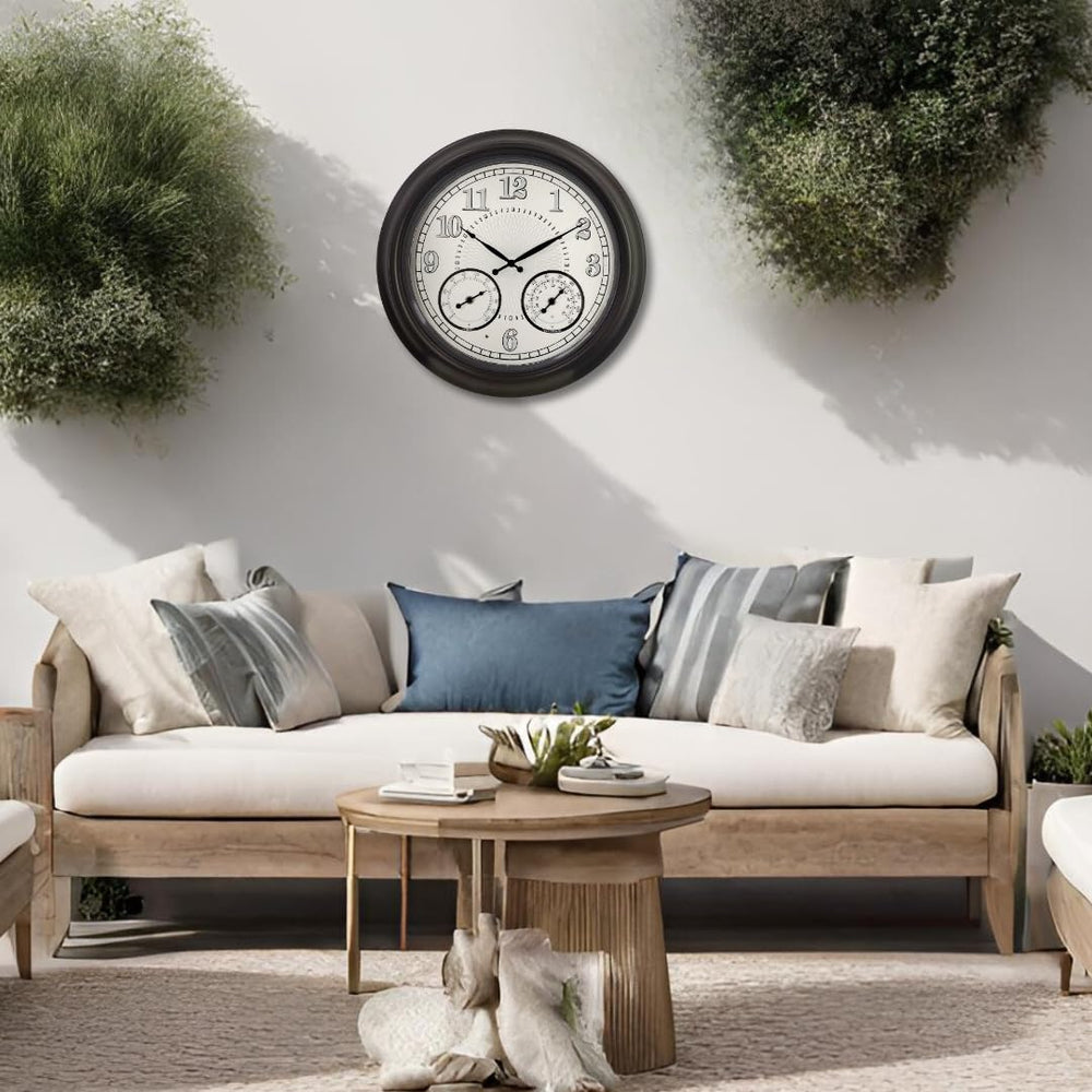 Lovely Home Essentials clock in sunroom lifestyle showing versatile indoor-outdoor use
