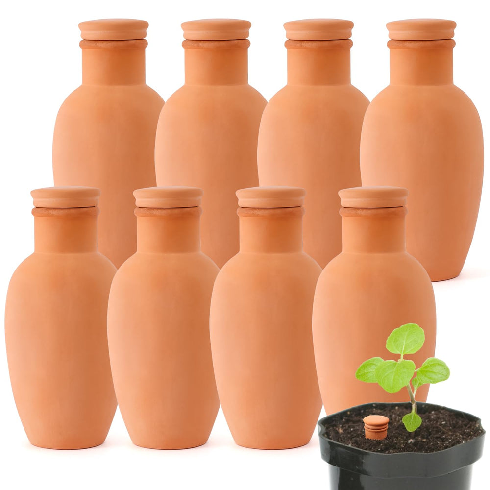 Lovely Ran front view of eight terracotta watering globes showing earthy finish and lids for easy watering