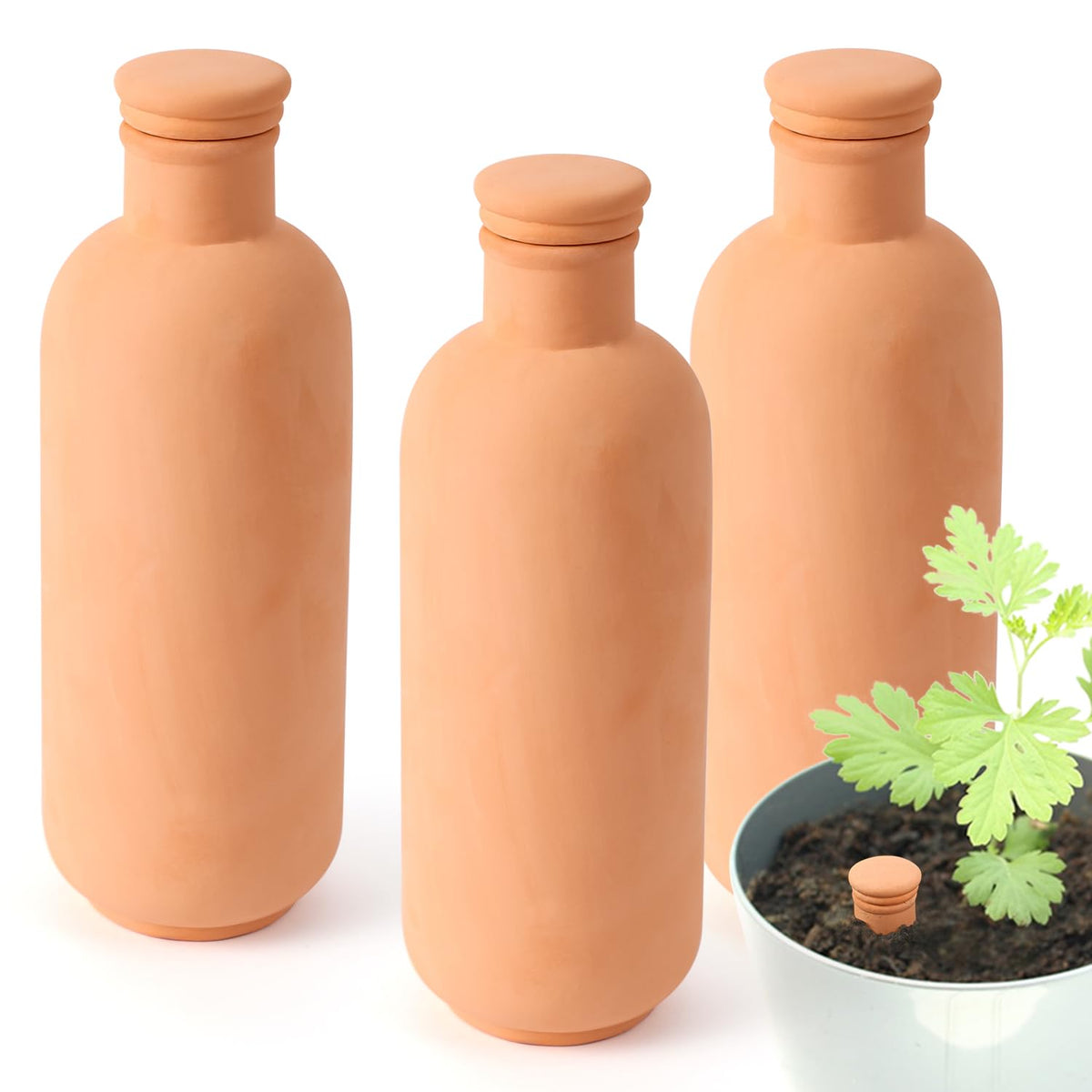 Lovely Ran terracotta pots front view showing three-piece set and natural finish benefit