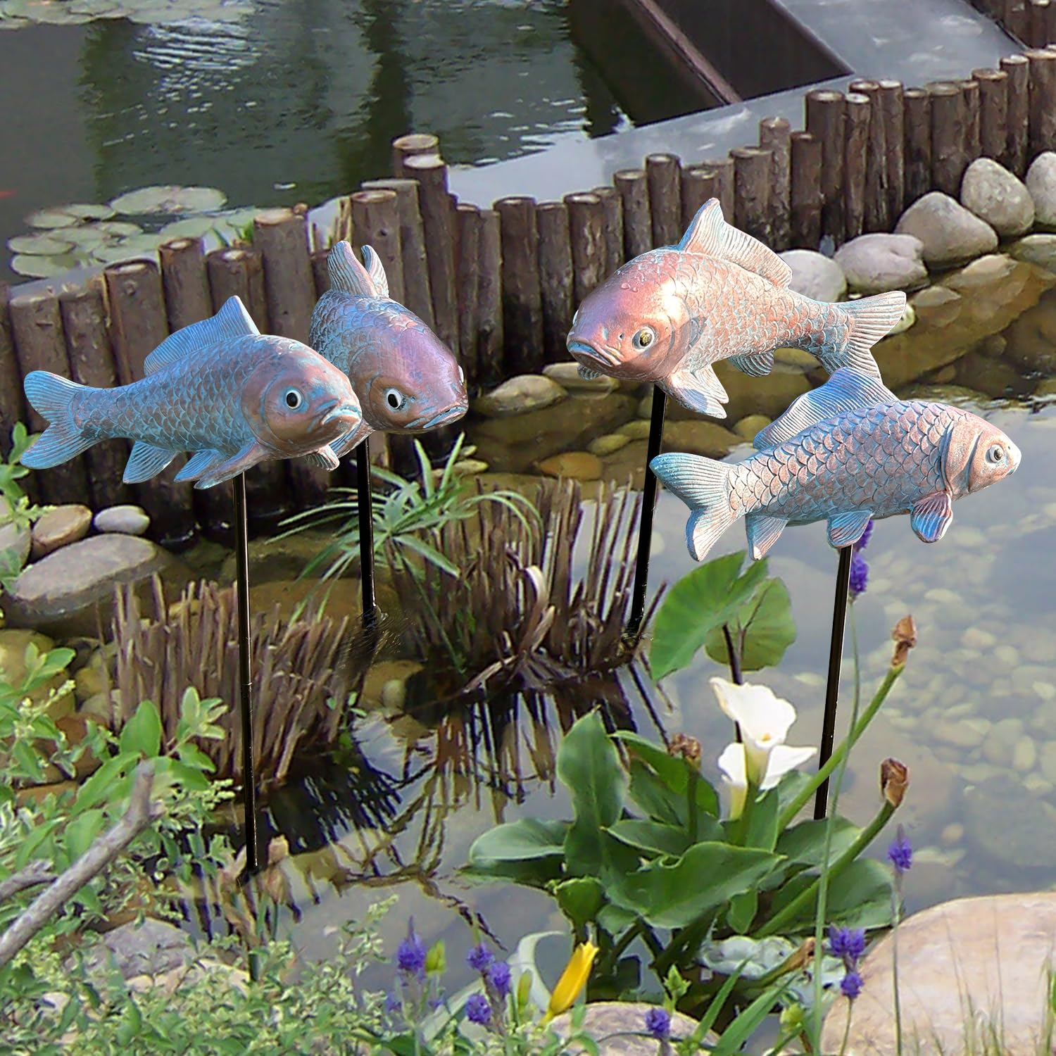 Lovely Ran front view of koi statues showing graceful poses and curb appeal