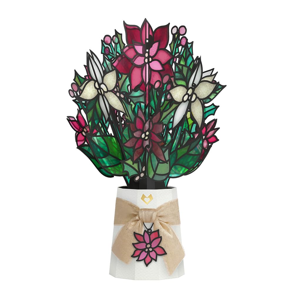 Lovepop poinsettia front view showing 3D shimmer bouquet and festive appeal