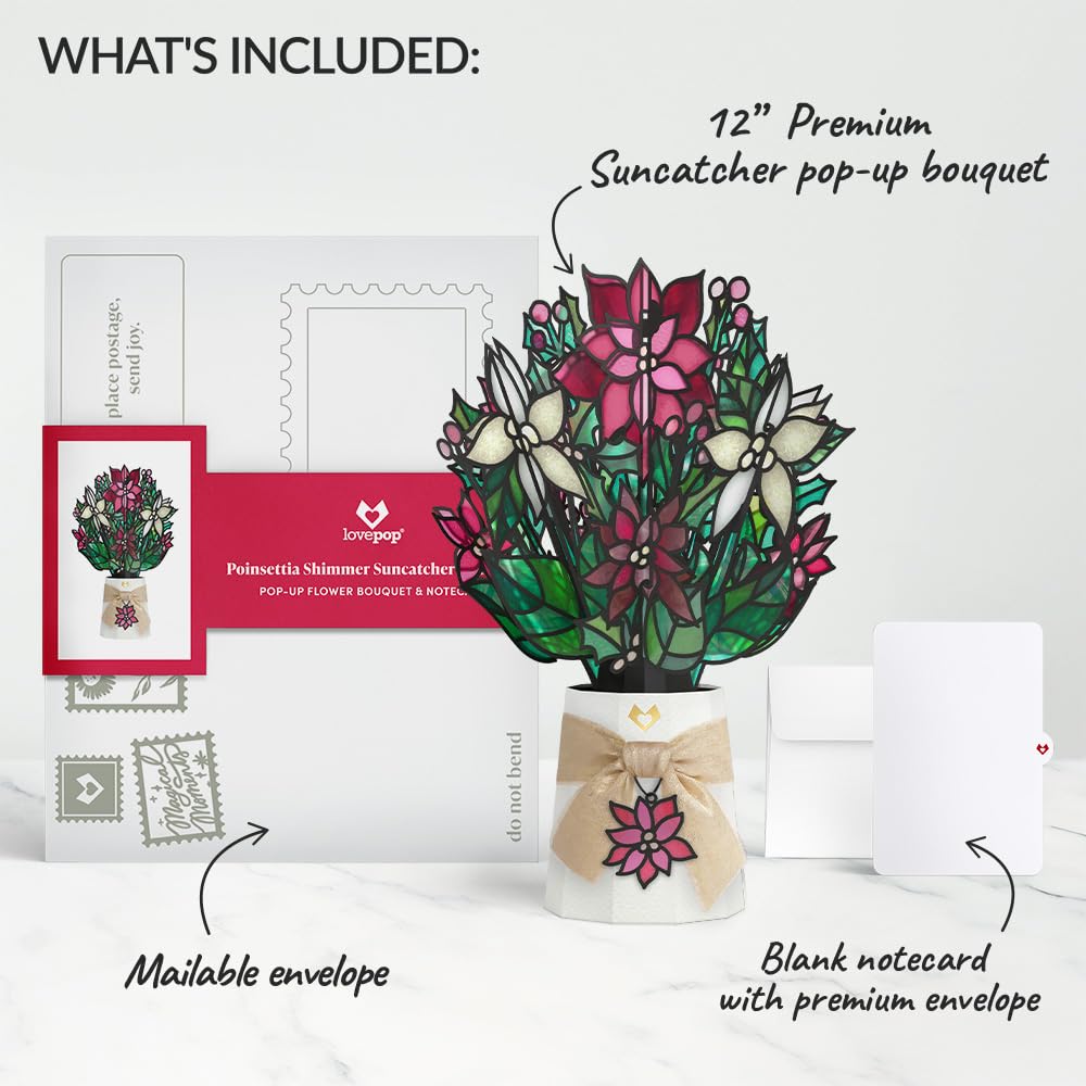 Lovepop poinsettia metallic highlights and textures reflecting holiday light