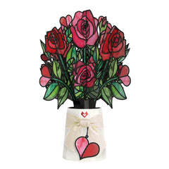 Lovepop front view of suncatcher bouquet showing bright translucent roses and vase benefits glow