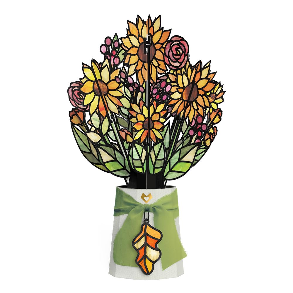 Lovepop front view showing 12 inch sunflower bouquet and vibrant glow