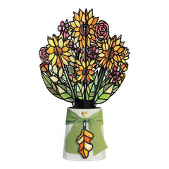 Lovepop front view showing 12 inch sunflower bouquet and vibrant glow