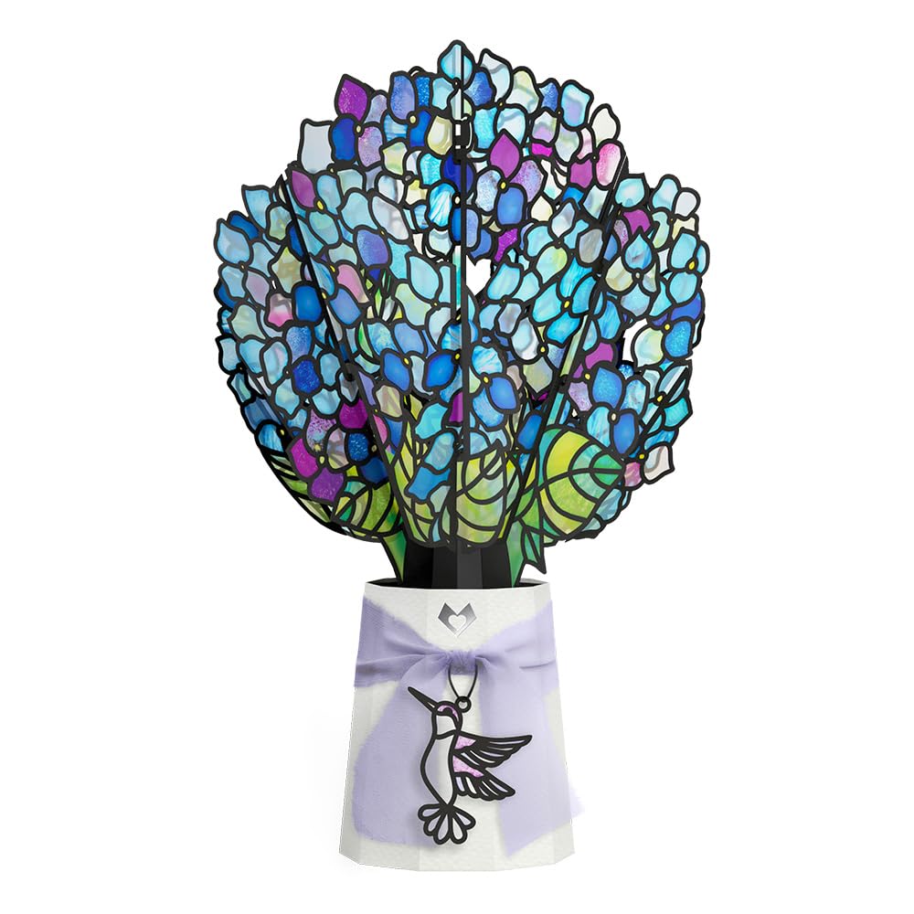 Lovepop Sunlit Hydrangeas front view showcasing 3D pop-up bouquet and colorful light effect
