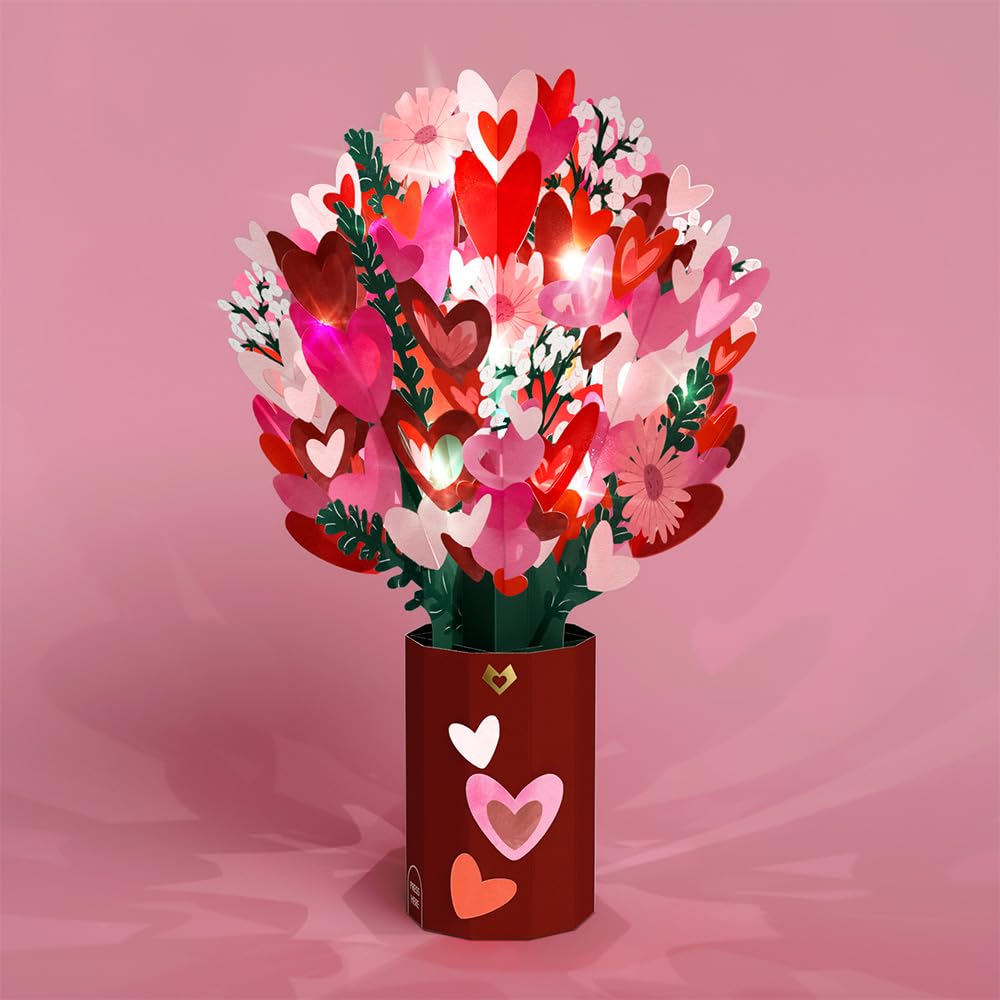 Lovepop front view of light-up heart bouquet shows romantic display and lasting decor benefit