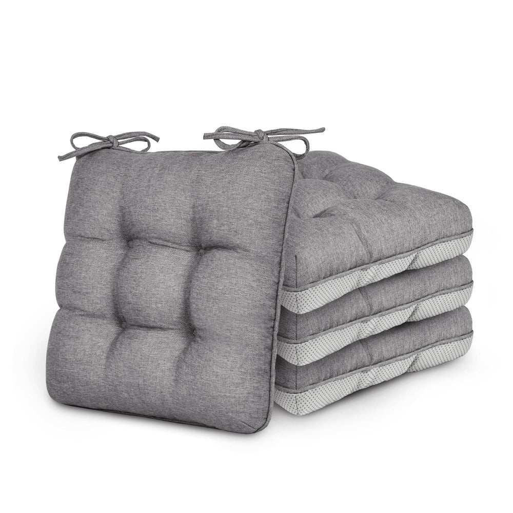 Love's cabin front view of four grey cushions showing compact set and neat finish benefits comfort
